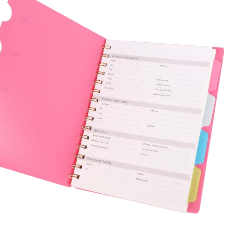 Notebook with Divider featuring a vibrant pink cover and color-coded dividers for easy organization.