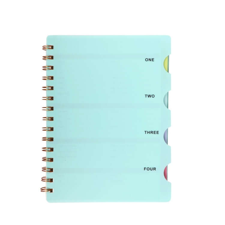 Notebook with Divider in pastel blue color featuring gold rings and color-coded dividers numbered ONE, TWO, THREE, FOUR.