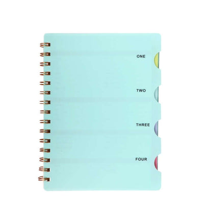 Notebook with Divider in pastel blue color featuring gold rings and color-coded dividers numbered ONE, TWO, THREE, FOUR.