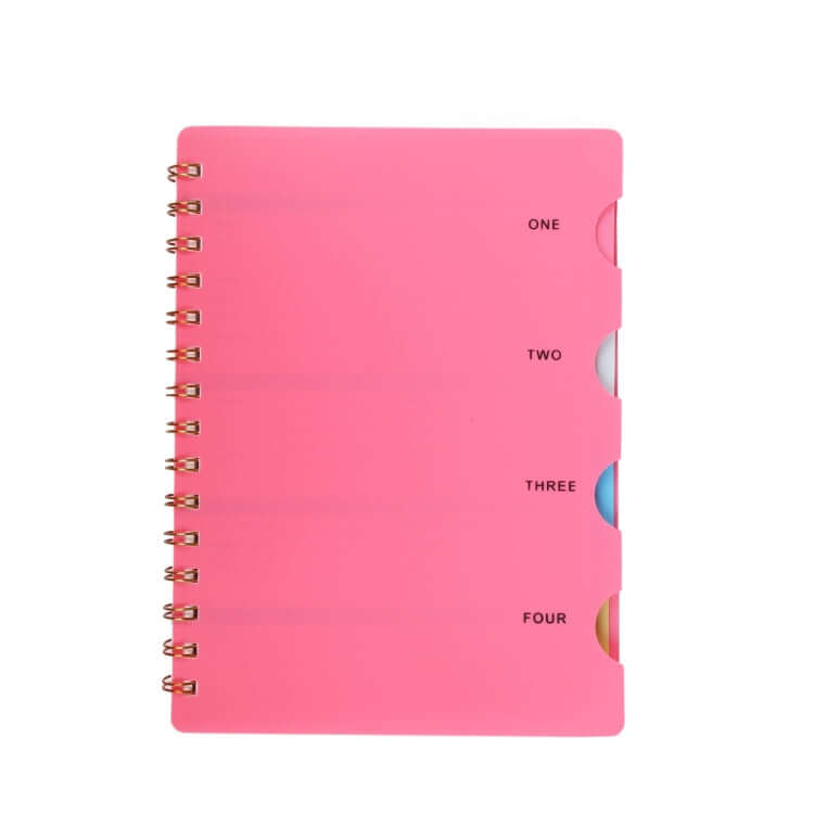 Notebook with Divider in vibrant pink color featuring four dividers for organization.