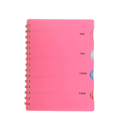 Notebook with Divider in vibrant pink color featuring four dividers for organization.