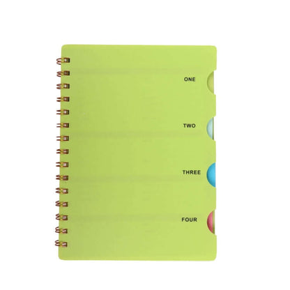 Notebook with Divider in vibrant green color with spiral binding and tabs for organization.