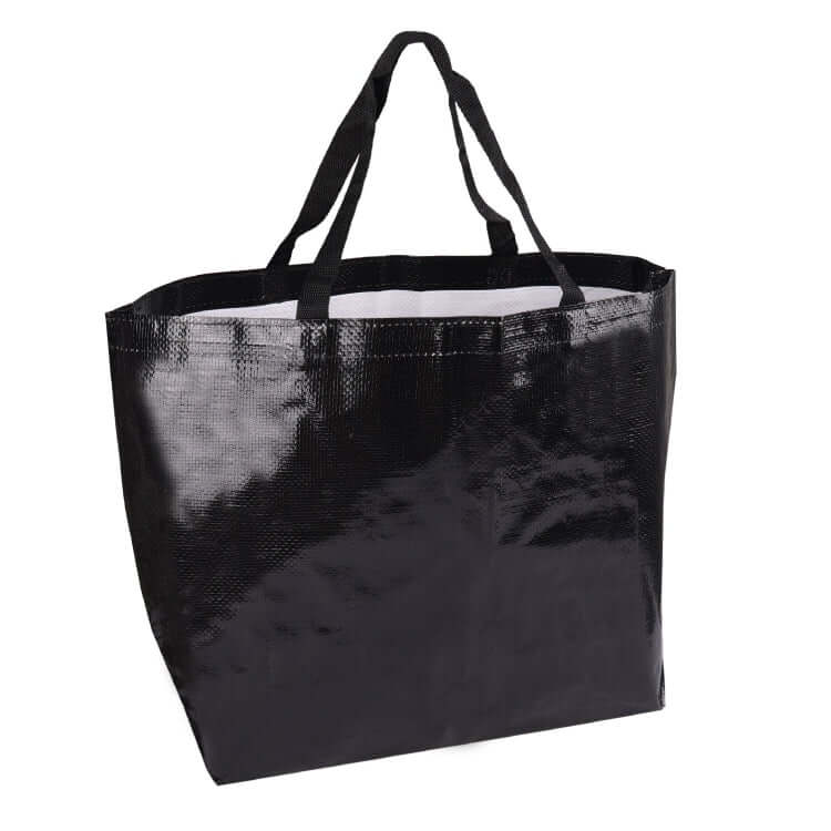 Laminated PP Woven Bag in black color, durable and versatile for everyday use, perfect as a corporate gift.