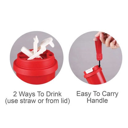 600ml Thermo Mug with Strap showcasing 2 ways to drink and easy handle for carrying.
