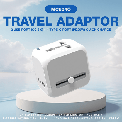 World Travel Adaptor With 2 USB-A + 1 USB-C PD20W Quick Charge Corporate Gifts Singapore