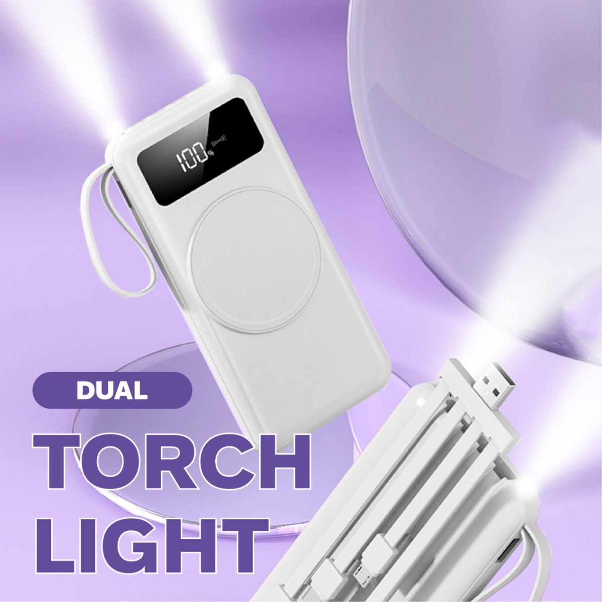 10000mAh Powerbank with Detachable Cables and Wireless Charging