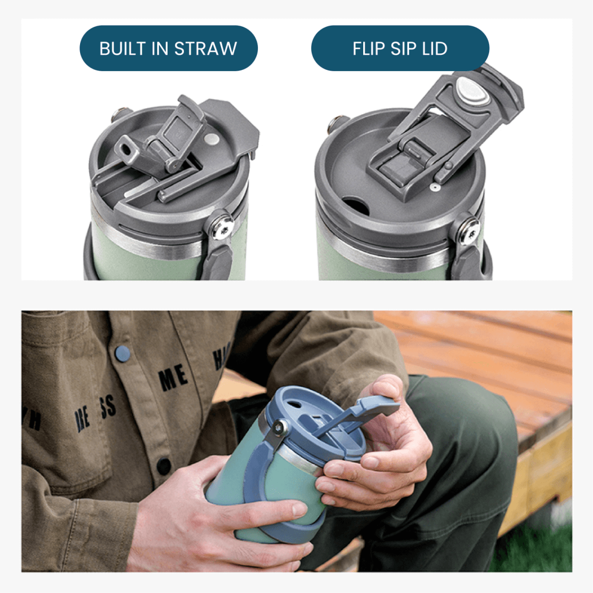 Frosty 890ml Vacuum Flask with built-in straw and flip sip lid for convenient beverage access.