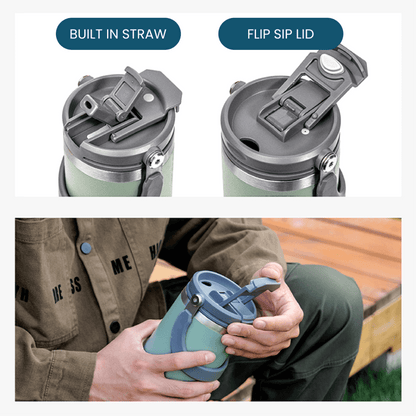 Frosty 890ml Vacuum Flask with built-in straw and flip sip lid for convenient beverage access.