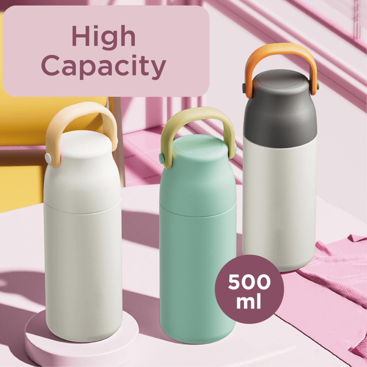 Fancy 500ml Vacum Flask With Cup & Handle in three colors on table with high capacity label