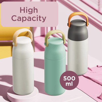 Fancy 500ml Vacum Flask With Cup & Handle in three colors on table with high capacity label