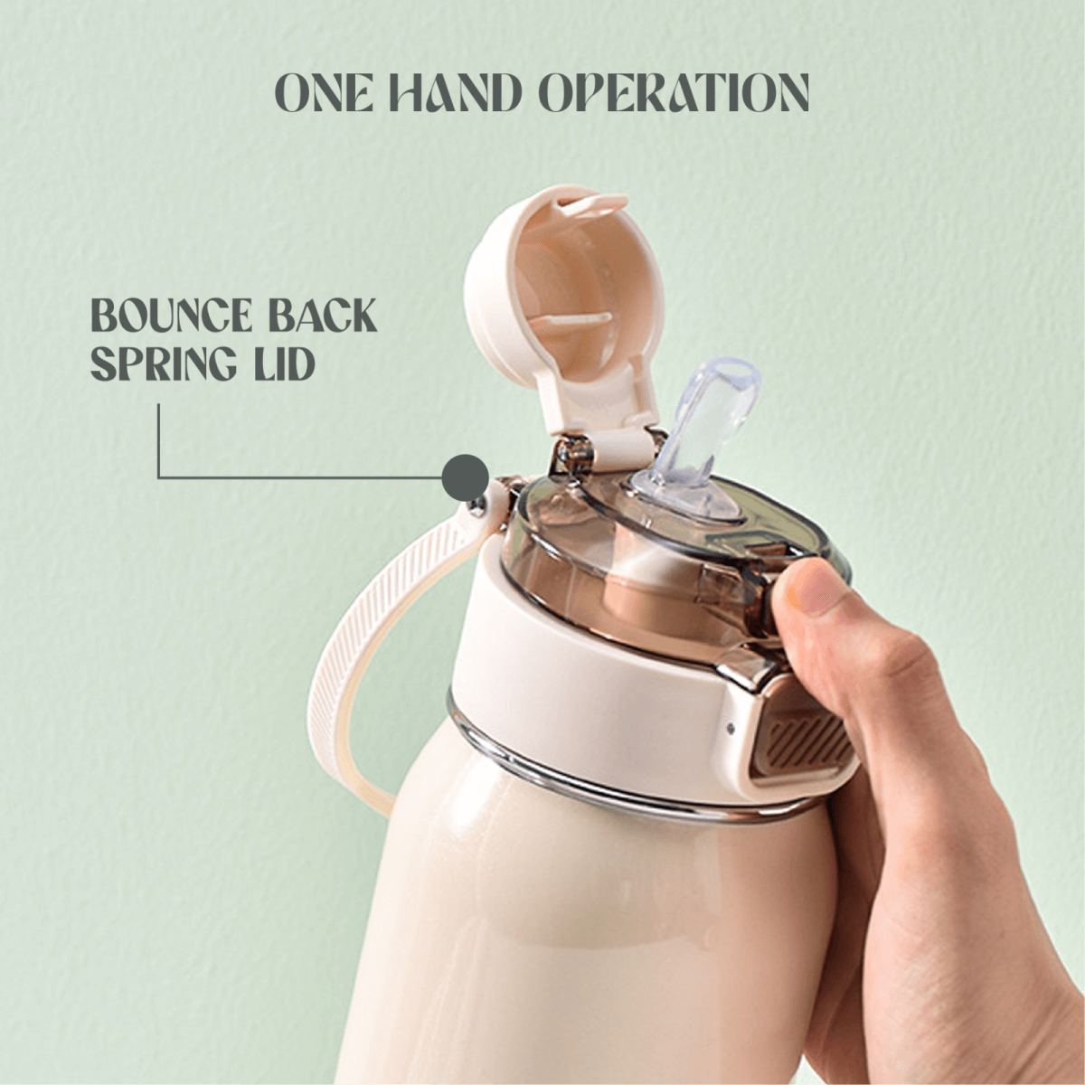 User demonstrating the one-hand operation feature of Classy 580ml Vacuum Flask with bounce back spring lid.