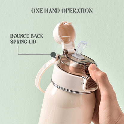 User demonstrating the one-hand operation feature of Classy 580ml Vacuum Flask with bounce back spring lid.