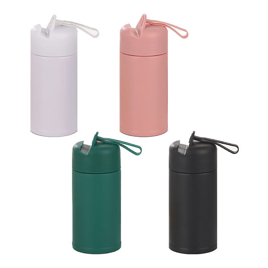 Mobi 350ml Vacuum Flask in four colors: white, pink, green, and black, ideal for corporate gifts.