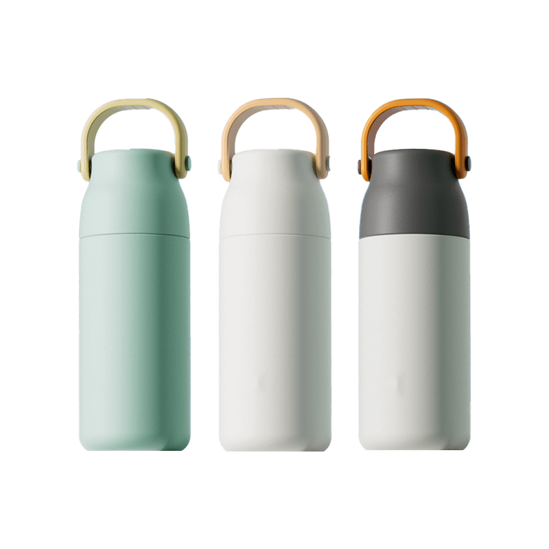 Fancy 500ml Vacum Flask With Cup & Handle in three stylish colors.