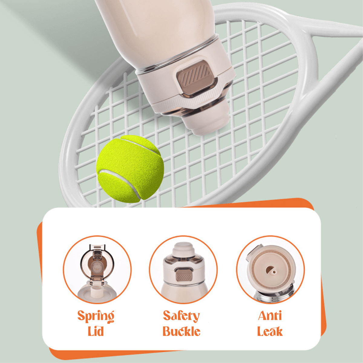 Classy 580ml Vacuum Flask with spring lid, safety buckle, and anti-leak features on a tennis racket.