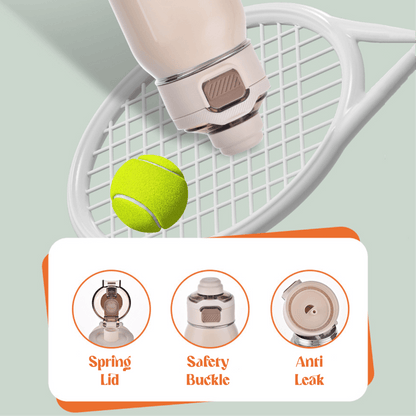 Classy 580ml Vacuum Flask with spring lid, safety buckle, and anti-leak features on a tennis racket.