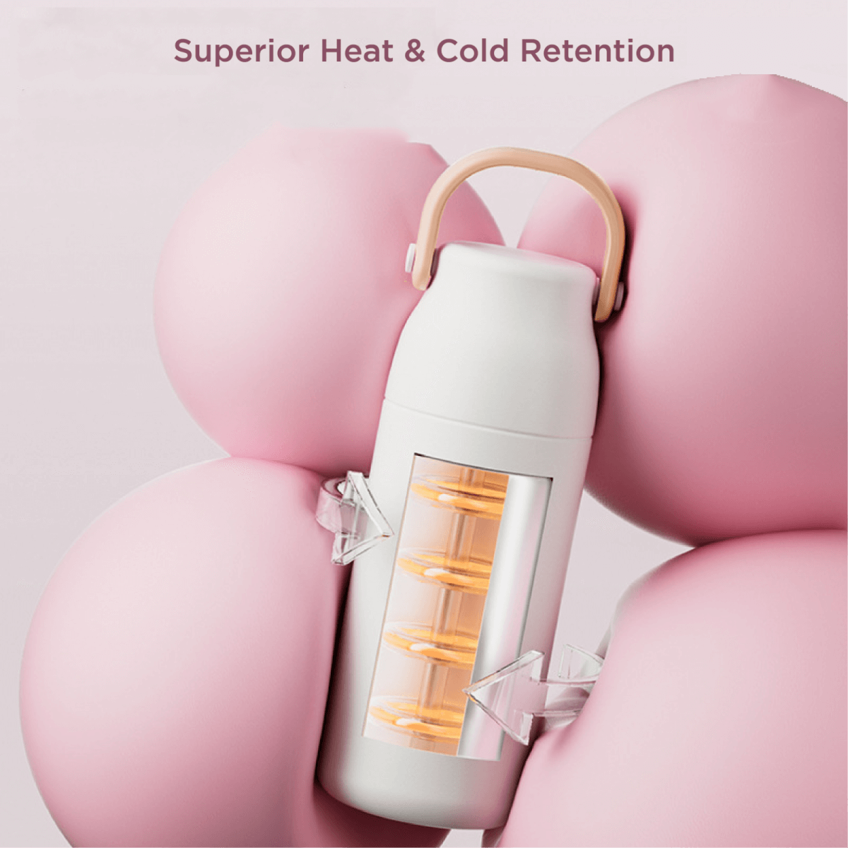 Fancy 500ml Vacum Flask With Cup & Handle surrounded by soft pink shapes showcasing heat and cold retention.