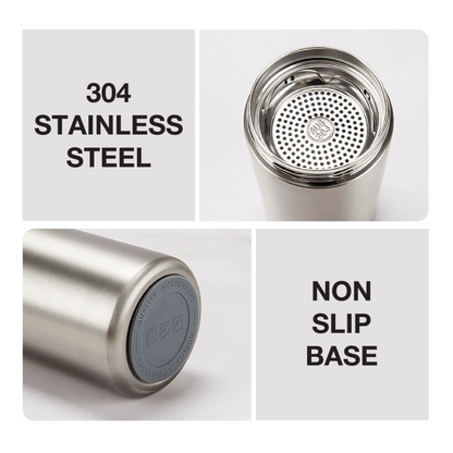 Executive 350ml Stainless Steel Vacuum Flask showcasing 304 stainless steel and non-slip base design.