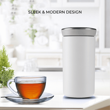 Executive 350ml Stainless Steel Vacuum Flask with sleek design next to a cup of tea.