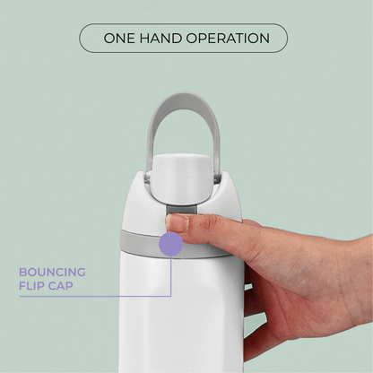 Ola 700ml Stainless Steel Vacuum Bottle with one hand operation and bouncing flip cap in use.