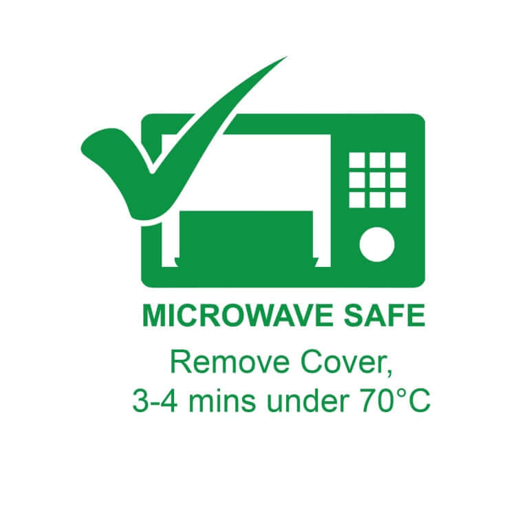 Microwave safe icon indicating to remove cover and heat for 3-4 mins under 70°C.