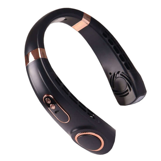 Portable Neck Fan in sleek black design, ideal for keeping cool and perfect as a corporate gift.