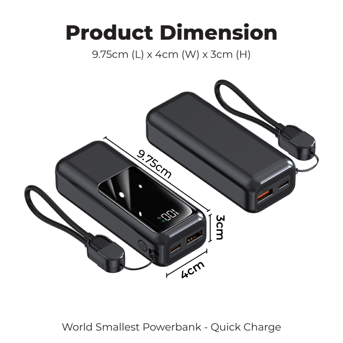 World Smallest Quick Charger Powerbank 10000MAH product dimensions showing 9.75cm x 4cm x 3cm design in black.