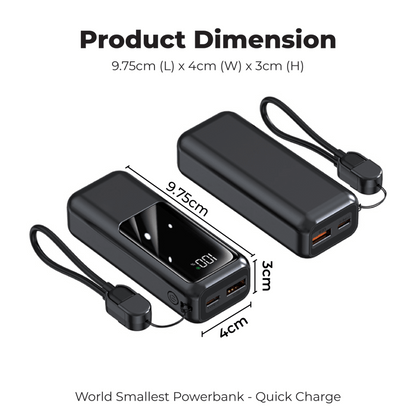 World Smallest Quick Charger Powerbank 10000MAH product dimensions showing 9.75cm x 4cm x 3cm design in black.