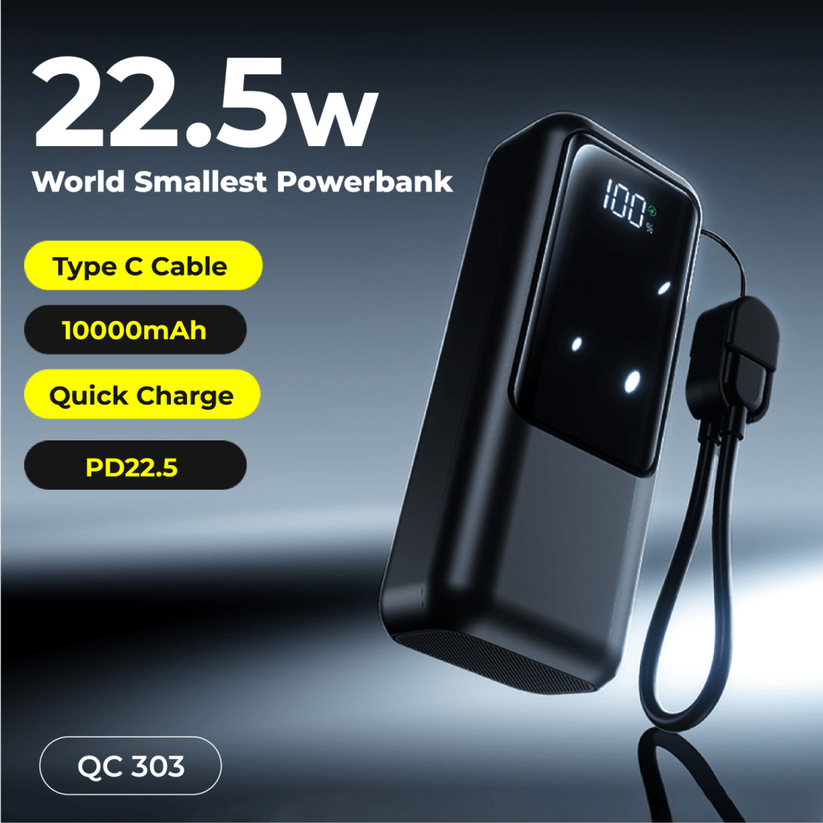World Smallest Quick Charger Powerbank 10000MAH in sleek black design with LED display and Type C cable.