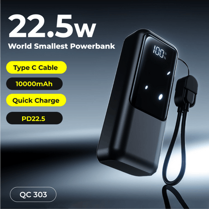World Smallest Quick Charger Powerbank 10000MAH in sleek black design with LED display and Type C cable.