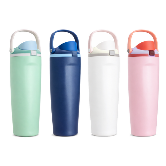 SS304 Stainless Steel 900ml Vacuum Tumbler in four colors: green, blue, white, and pink.