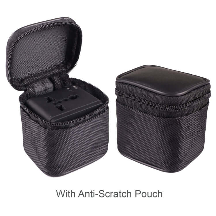 Universal Travel Adaptor with Pouch in an anti-scratch storage pouch, ideal for convenient travel charging.
