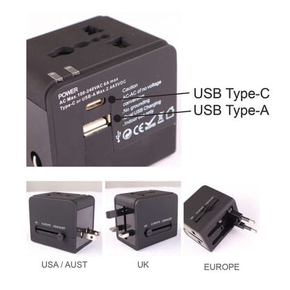 Universal Travel Adaptor with Pouch featuring USB Type-C and USB Type-A ports for charging devices worldwide.