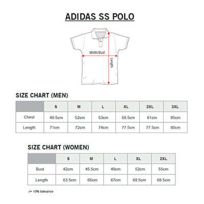 Size chart for adidas SS Polo Shirt including measurements for men and women.
