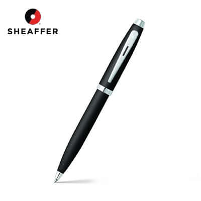 Sheaffer® Matte Black Ballpoint Pen With Chrome Trims displayed elegantly on a white background.