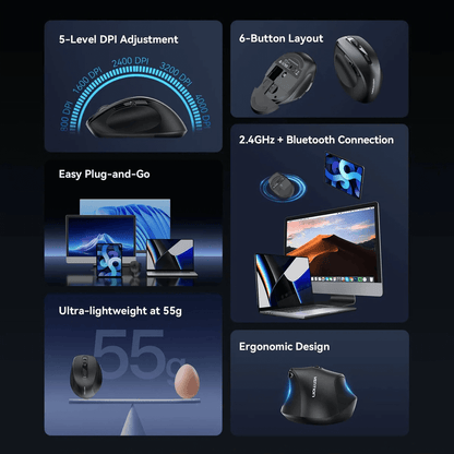 Vention Dual-Mode Wireless Ergonomic Mouse features 5-level DPI adjustment, 6-button layout, and ergonomic design.