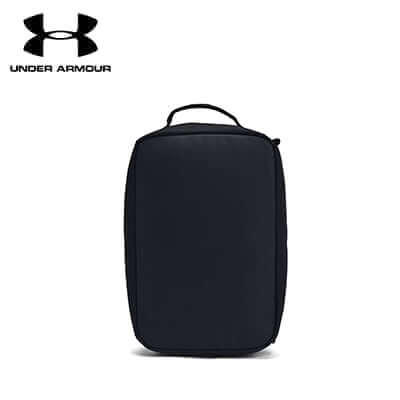 Under Armour Contain Shoe Bag Black with Gold front view, perfect for athletes and travelers.