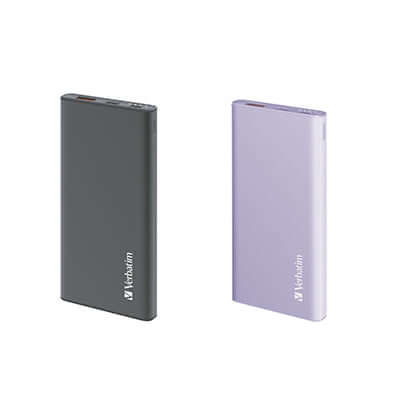 Verbatim 10000mAh 20W PD & QC 3.0 Power Pack in black and purple for efficient on-the-go charging.