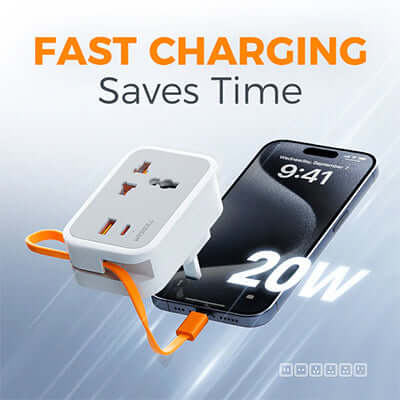 TESSAN Wall Plug Socket Extender with USB-C Cable for fast charging multiple devices