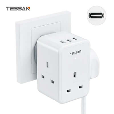 TESSAN Multi Plug Extension Wall Adapter with 2 USB and Type C plugged into a wall socket.