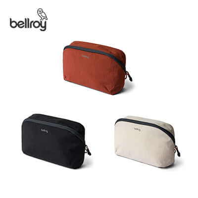 Bellroy Lite Packing Pouch 3L in three colors: red, black, and cream, ideal for organized travel and corporate gift.