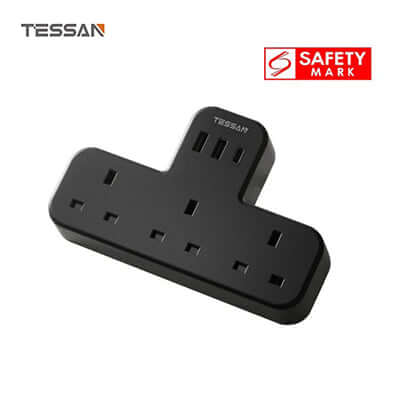 TESSAN Multi-Ports Extension Wall Plug with two AC outlets and three USB ports for charging multiple devices.