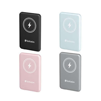 Verbatim 5000mAh Magnetic Wireless Power Bank (MCP-5) in four colors: black, blue, pink, and gray.