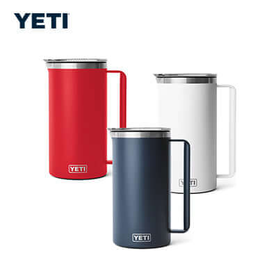 Yeti Rambler® 64 oz Pitcher with Twist-To-Lock Pitcher Lid in red, white, and navy colors.