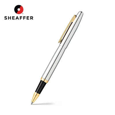 Sheaffer® VFM Polished Chrome Rollerball Pen showcasing a sleek design with gold accents and the iconic Sheaffer logo.