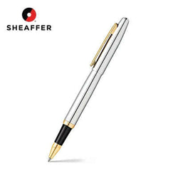 Sheaffer® VFM Polished Chrome Rollerball Pen showcasing a sleek design with gold accents and the iconic Sheaffer logo.