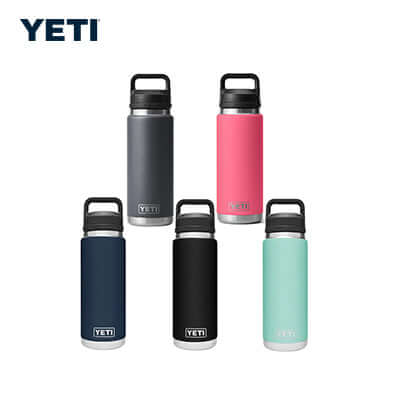 Yeti Rambler® 26 oz Bottle with Chug Cap in various colors, ideal for corporate gift and adventure hydration.