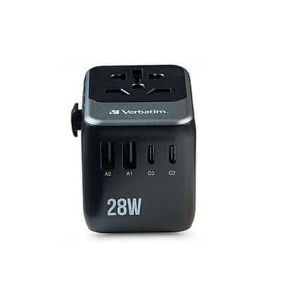 Verbatim 32122 Universal Travel Adapter 28W featuring multiple ports for global travel charging.