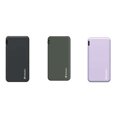 Verbatim 10000mAh 18W PD & QC 3.0 Power Pack in three colors - black, green, and purple for versatile charging solutions.