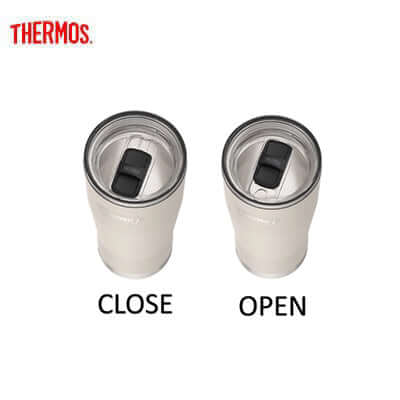 Thermos ICON™ Mug with Slide Lock Lid 710ml close and open views showcasing lid functionality